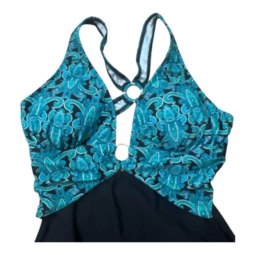 Venus Black Turquoise Print One-Piece Swimsuit Cross Strap Womens Plus Size 18 - Image 2