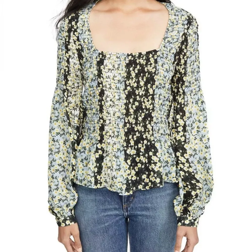 Parker NWT Dara Silk Blend XS Smocked Blouse Blue Gold Blossom Stripe Long Sleev - Image 2