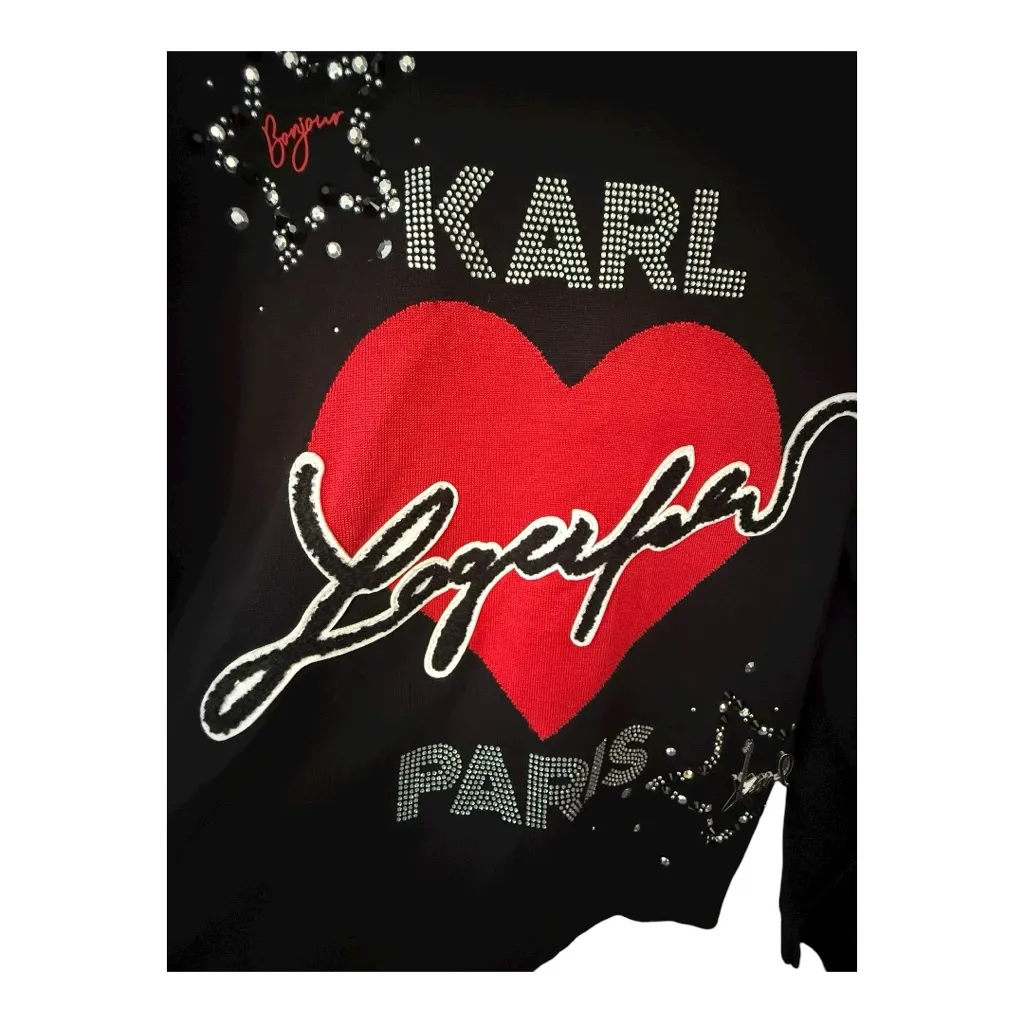 Karl Lagerfeld Paris Petite Medium Beaded Heart Logo Sweater Top Black PM - Image 6