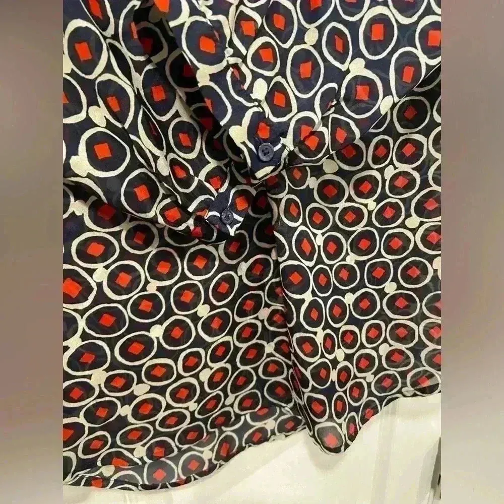 Limited Navy Blue Geometric Sheer V Neck Smock Collar 3/4 Sleeve Blouse Size M - Image 6