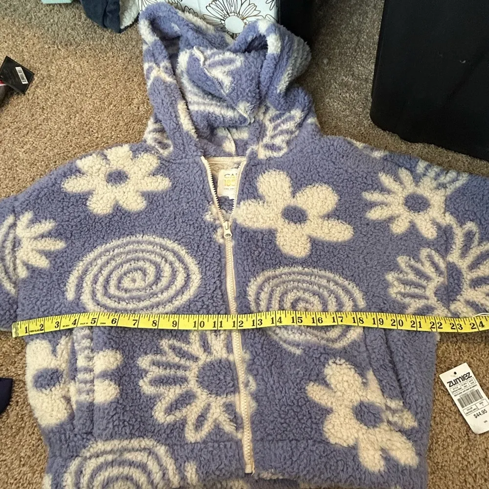 Cali1850 Printed Faux Sherling Cropped Hoodie Outerwear Winter Coat Jacket Purple - Image 9