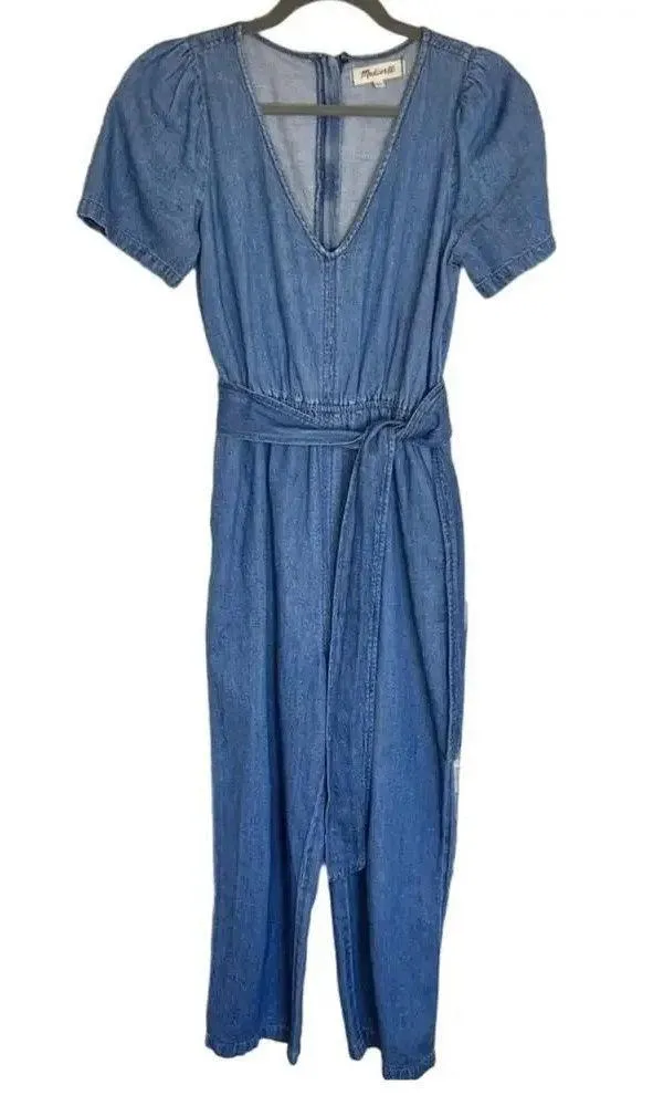 Madewell Women Size 2 Linen Blend Blue Chambray Jumpsuit - Image 3