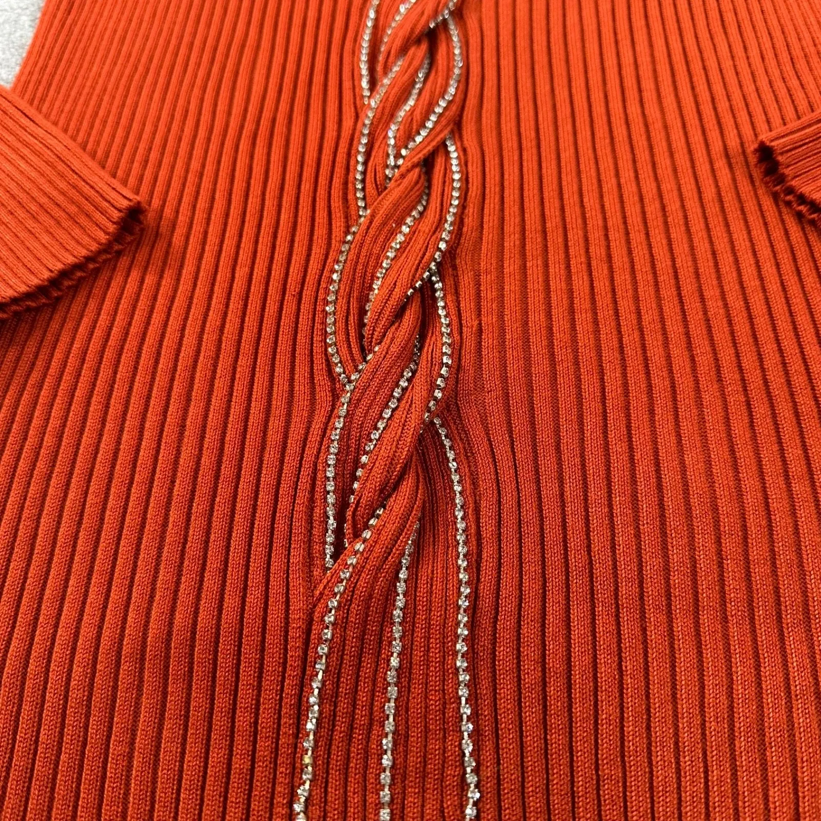 Ashley Stewart Orange Ribbed Knit Halter Sweater Womens 14/16 Braided Rhinestone - Image 3