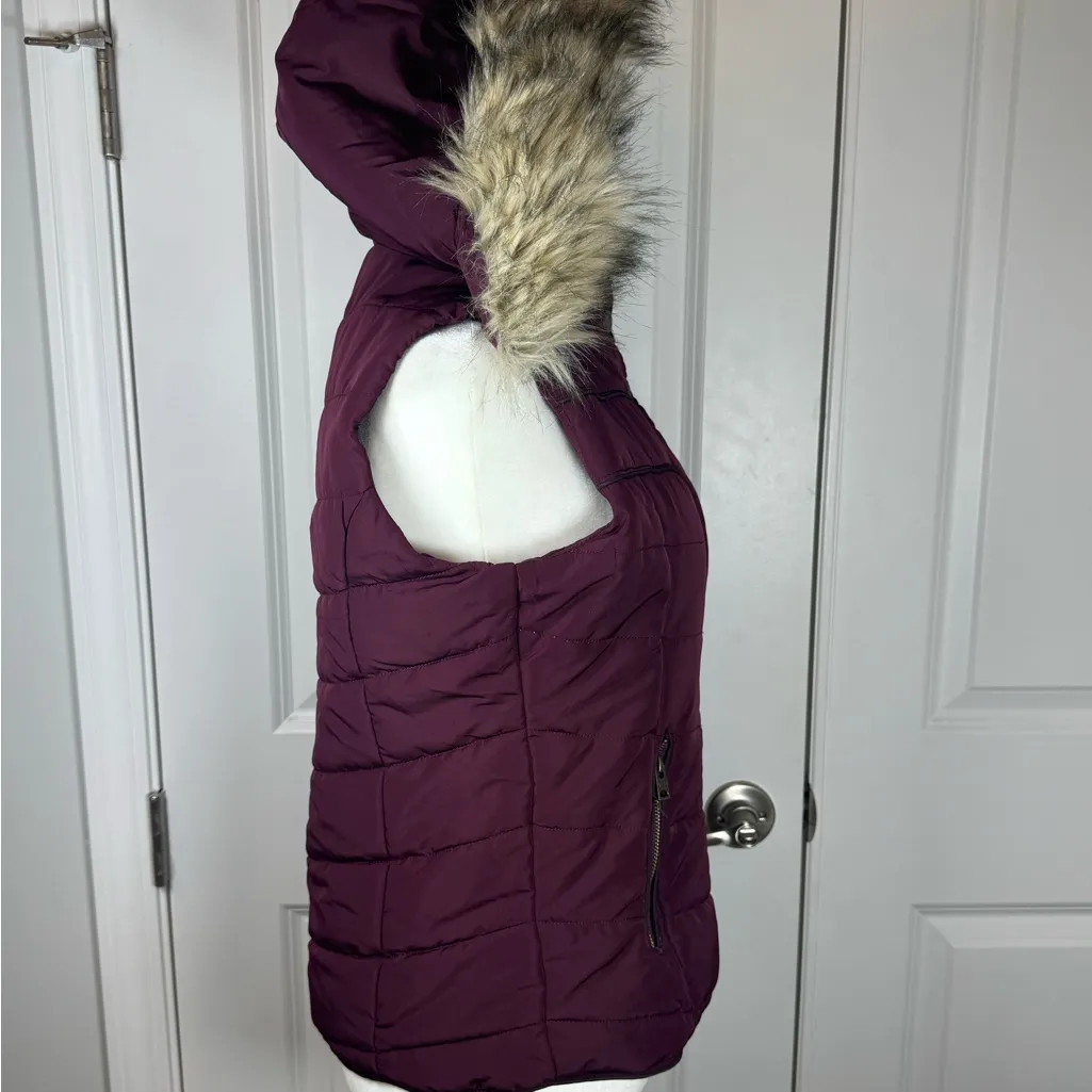 Aéropostale Sherpa Lined Y2K Puffer Vest Medium Burgundy Faux Fur Hood Winter - Image 2