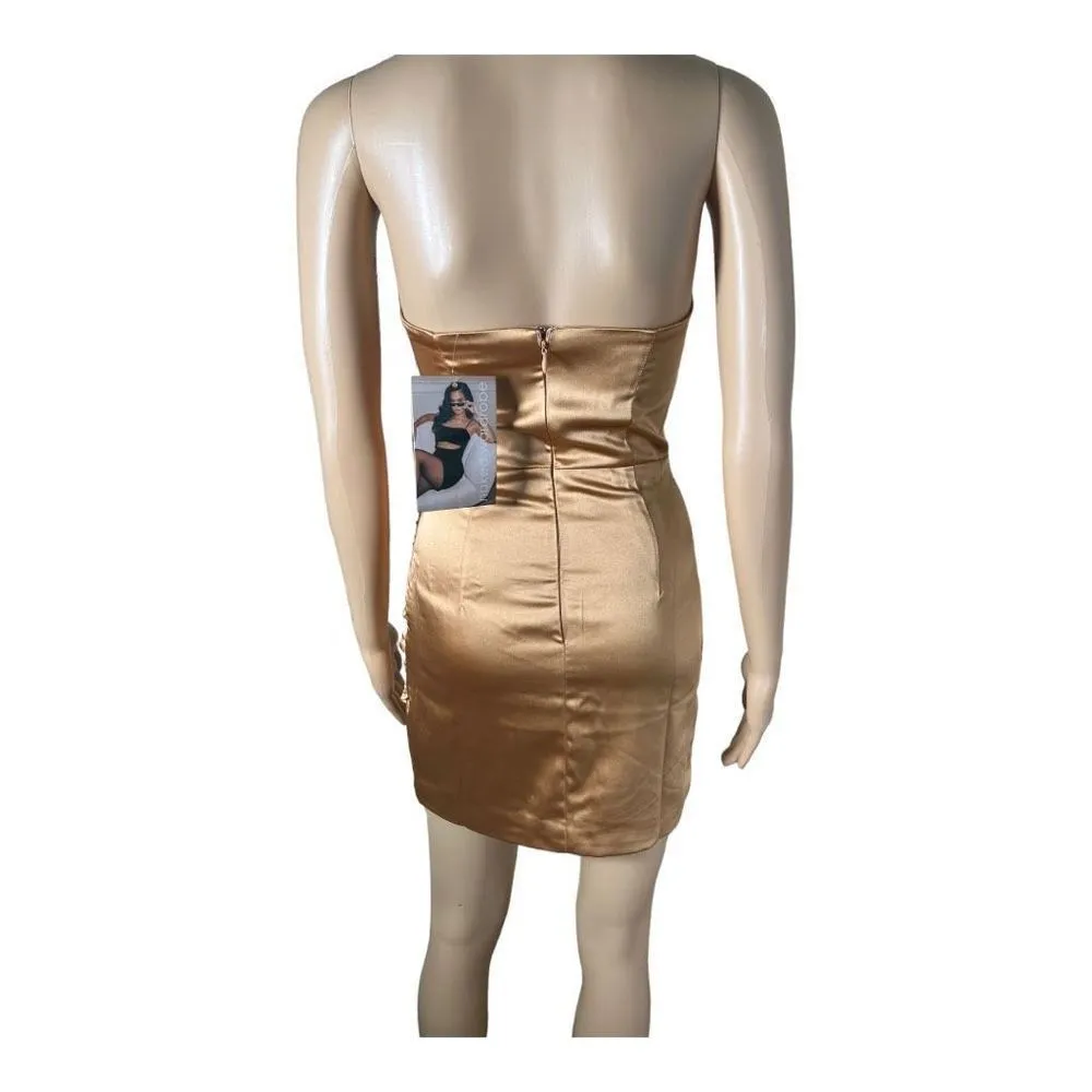 NWT Naked Wardrobe Revolve The Statement Strapless Gold Satin Dress Size XS - Image 2