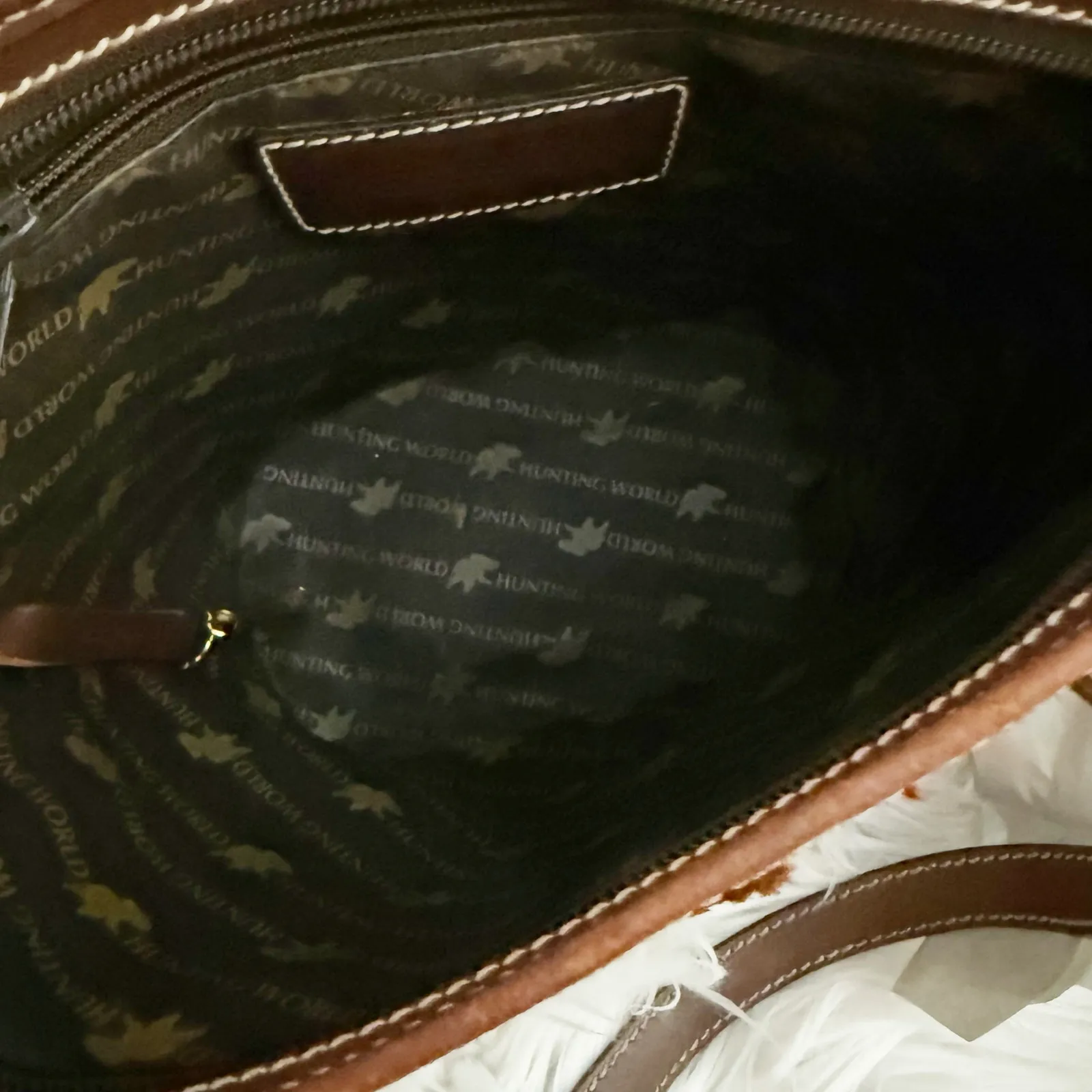 HUNTING WORLD | Canvas Leather Tote Bag Zipper Top Taupe Tan Brown Trapeze - Image 7