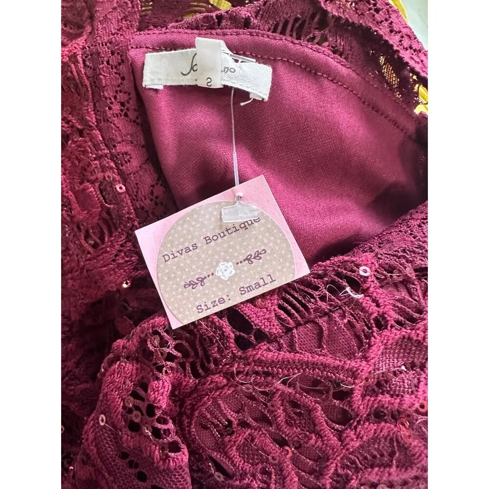 Soprano NWT Burgundy Lace Sequin High Neck Bodycon Homecoming Mini Dress S - Image 5