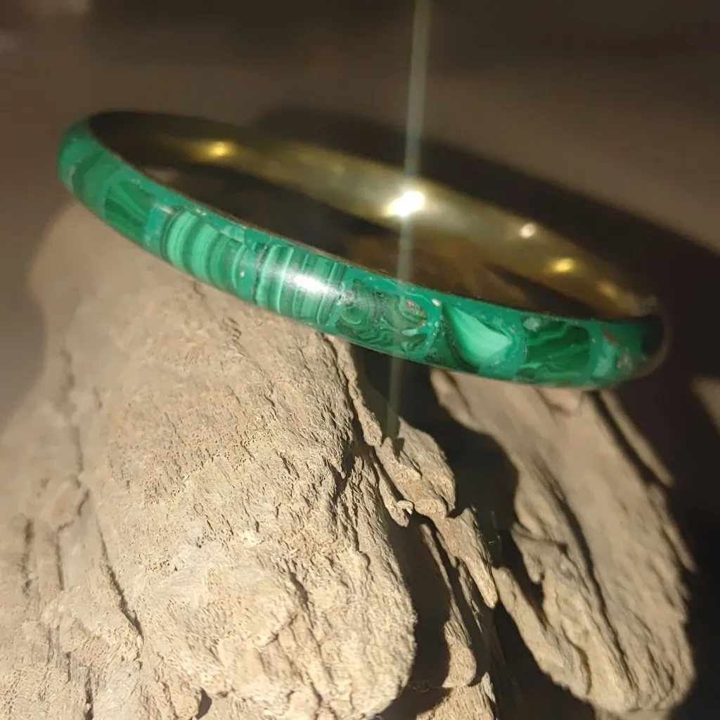 Vintage Malachite Brass Bangle Bracelet Striking Green Veins Shows Inclusions - Image 3
