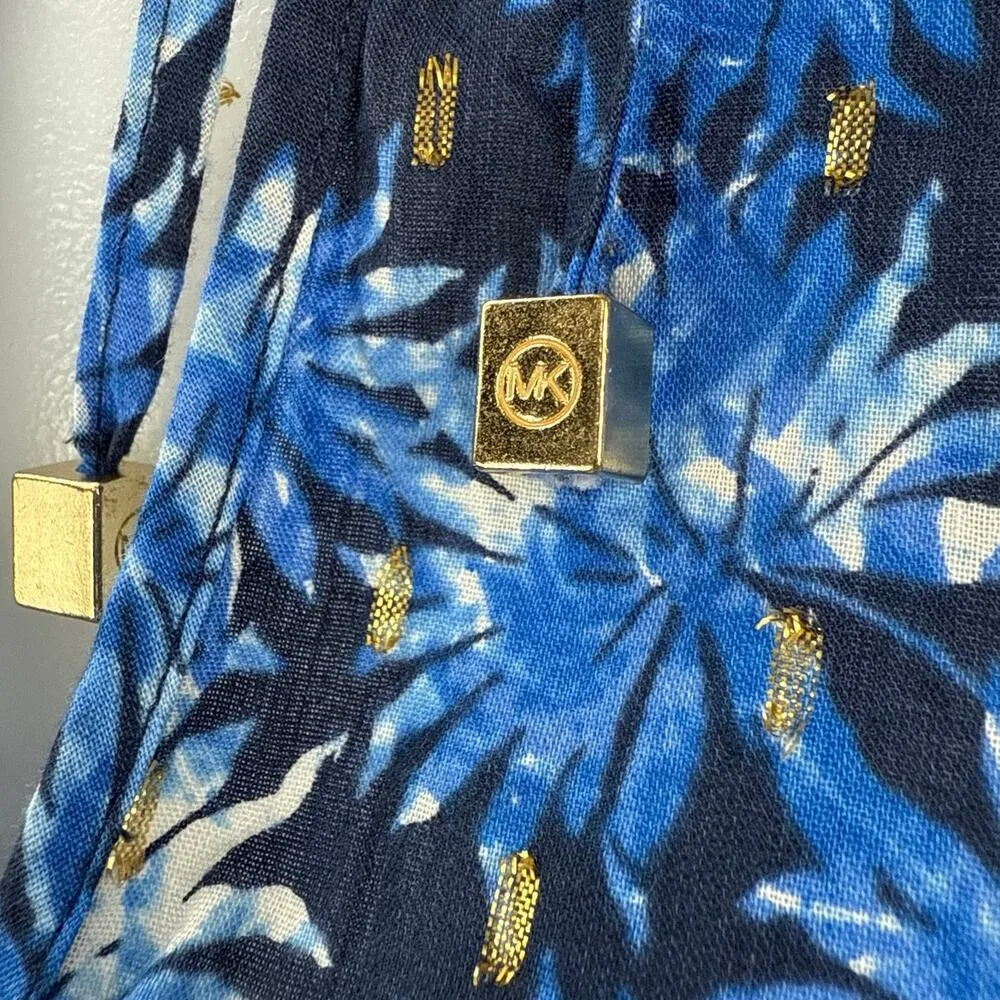 Michael Kors Blue Floral Metallic Keyhole Tie Shorts Sleeve Peplum Blouse Top S - Image 3