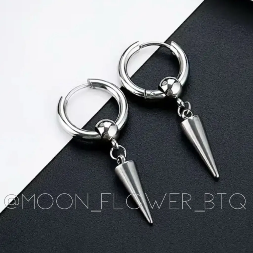 Silver Spike Dangly Huggie Hoop Earrings - Image 2