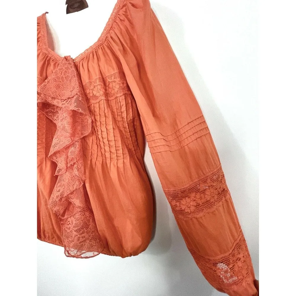 Sundance Top Blouse Size XS Ruffle Lace Scoop Neck Orange Elastic Hem - Image 4