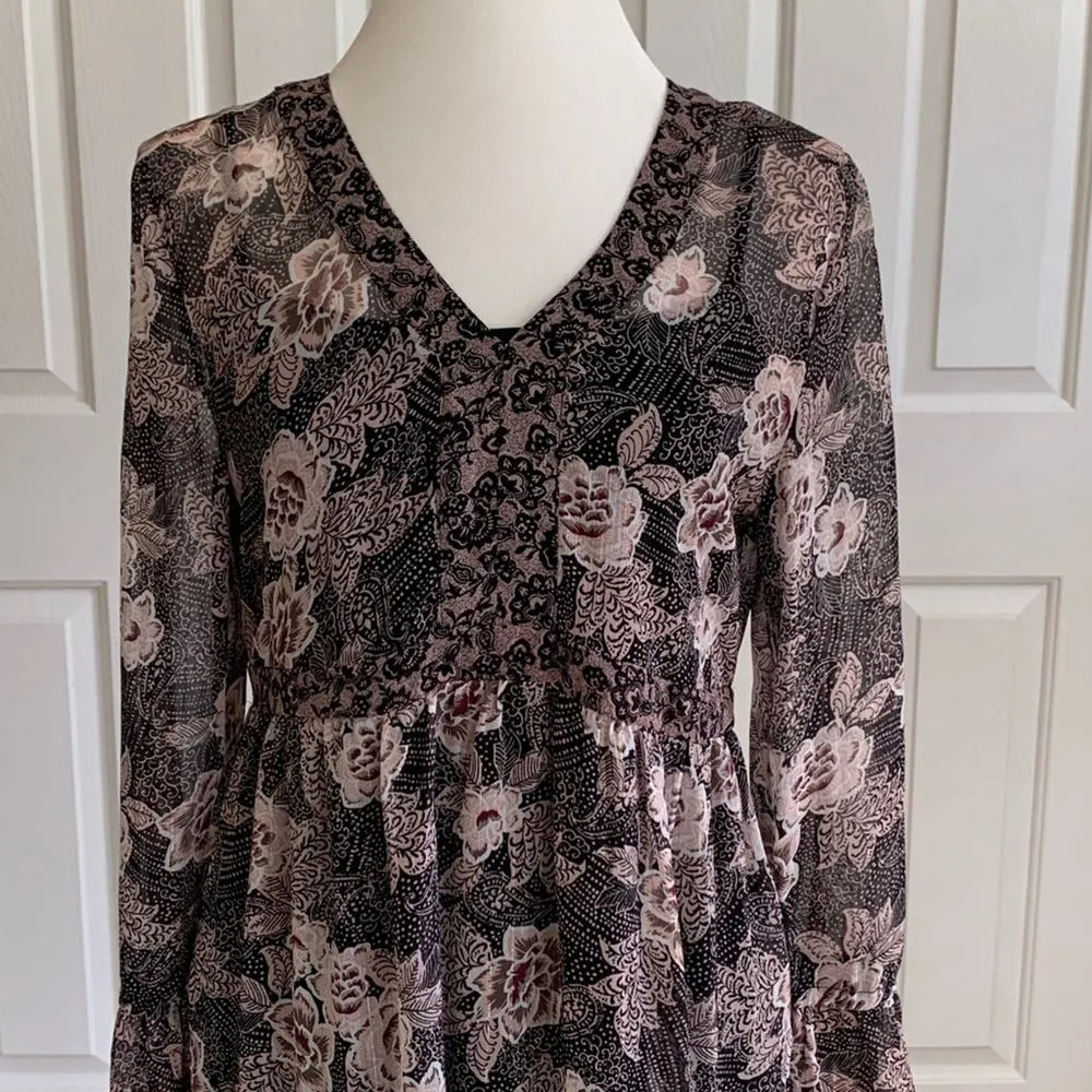 Knox Rose Dress Black Pink Floral Sheer Bell Sleeve Boho Dress Size XS - Image 3