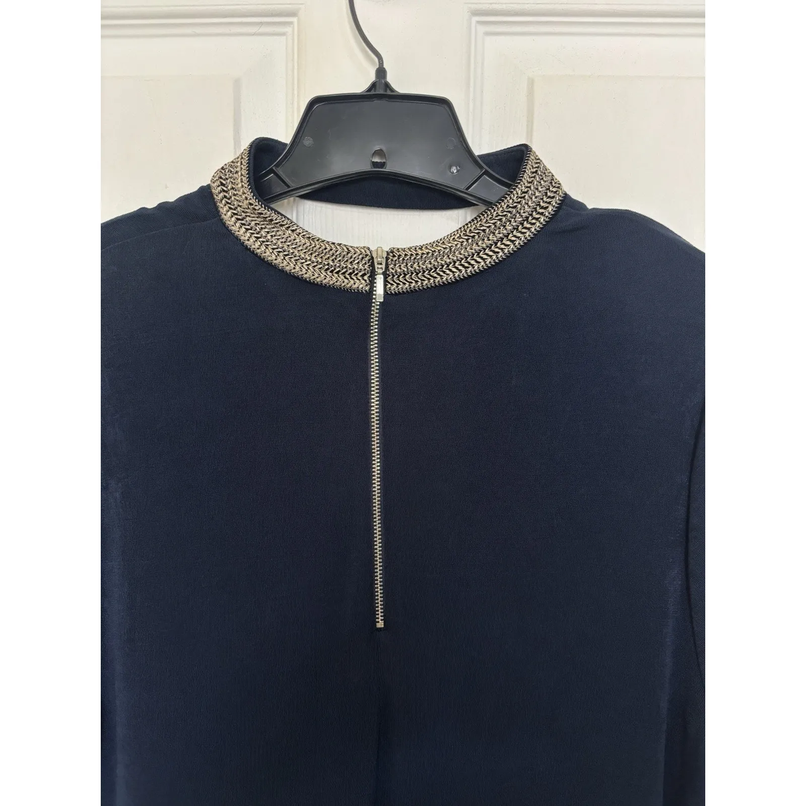 Chicos Travelers Navy Blue Gold Embroidered Midi Dress Sz 3 XL Slinky Stretch - Image 5