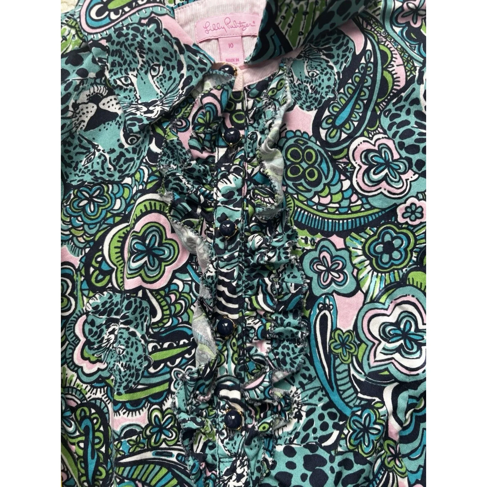 Lilly Pulitzer Dress Womens 10 Blue Floral ResortWear Jaguar Animal Print Ruffle - Image 3