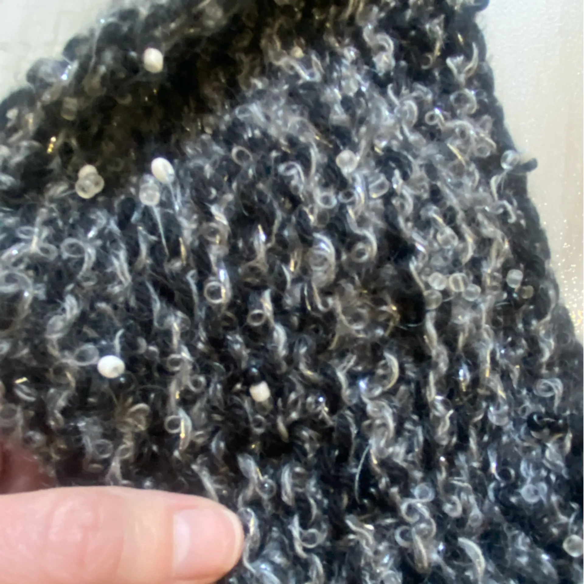 Hand-knit Gray and Black Beaded Loop Twist Continuous Circular Scarf, one size - Image 8