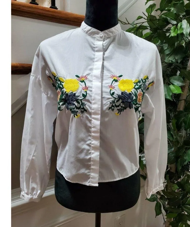 Bleuh Ciel Women's White Floral Polyester Long Sleeve Button Down Shirt Size S - Image 10