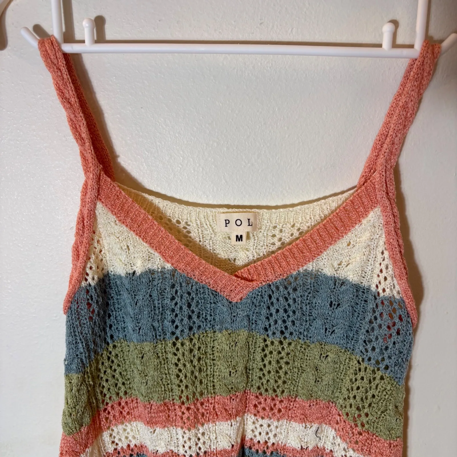 POL Striped Knit V-Neck Tank Top Medium Coral Blue Green Cream Crochet - Image 2