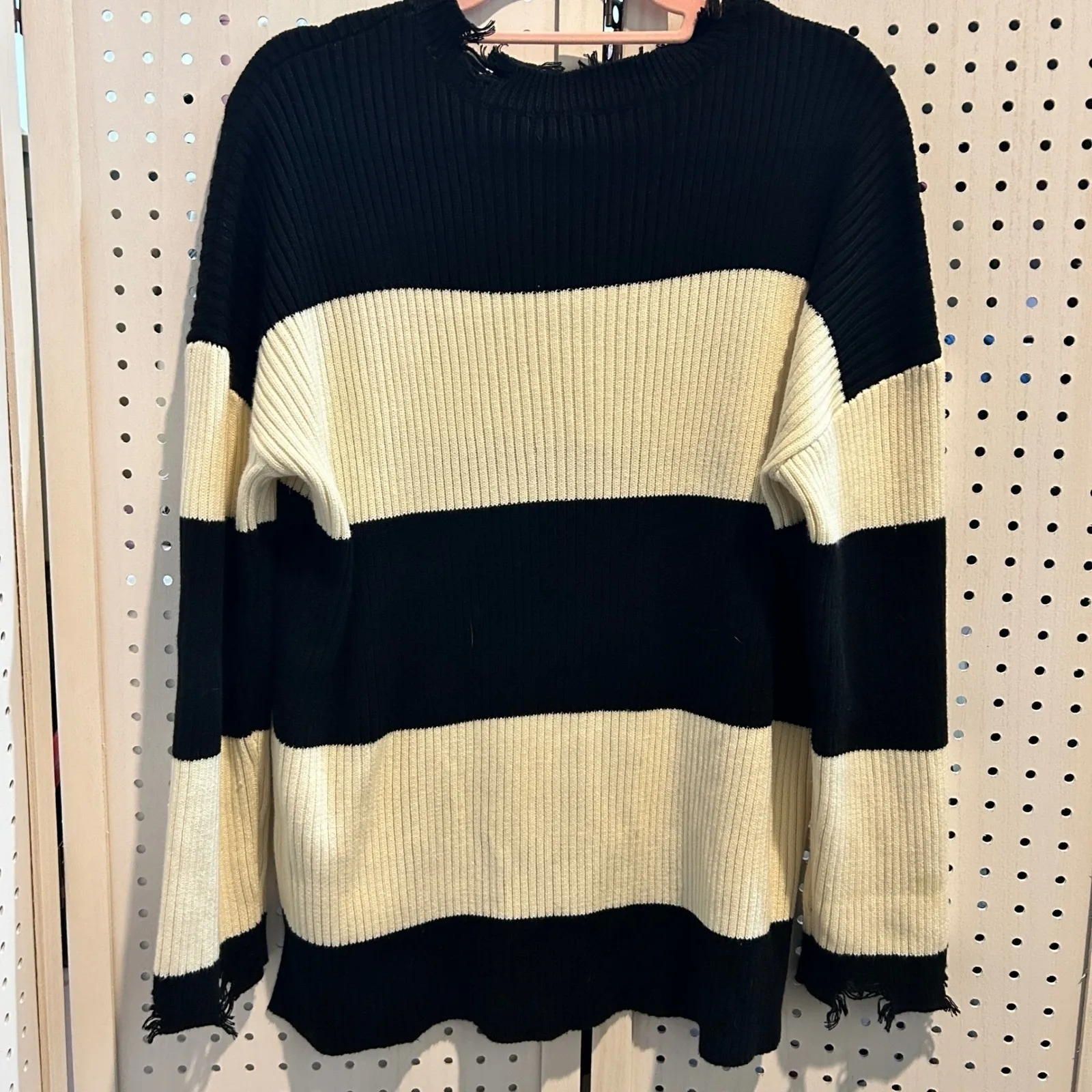Black & Cream Striped Knit Sweater Distressed Frayed Pullover Revolve Medium - Image 6
