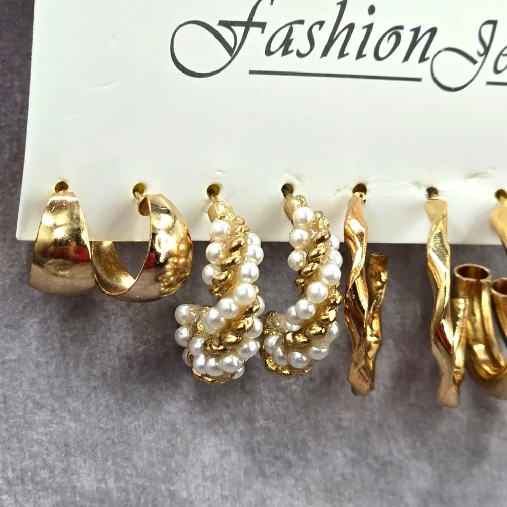 Gold Hoop Dangle Set of Five Pearl Spiral Dangle Earrings Fashion Jewelry JB2-62 - Image 4
