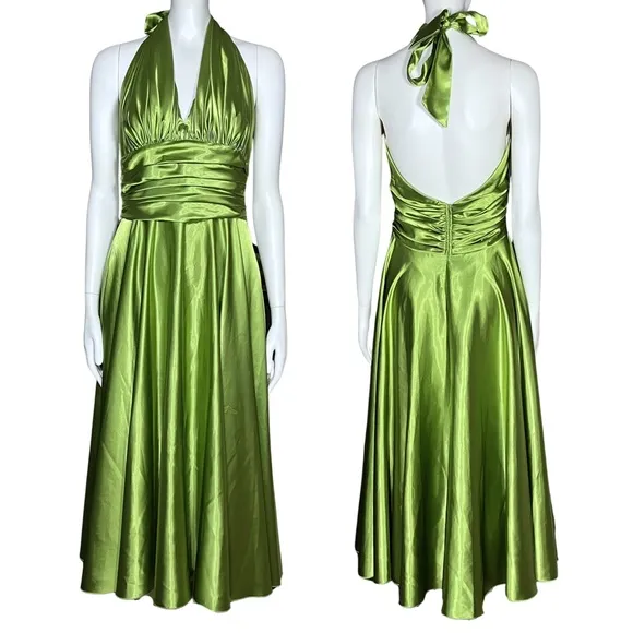 Vintage Green Chartreuse Satin 50s Halter Midi Dress Marilyn Monroe. Sz S Retro Size M - Image 2