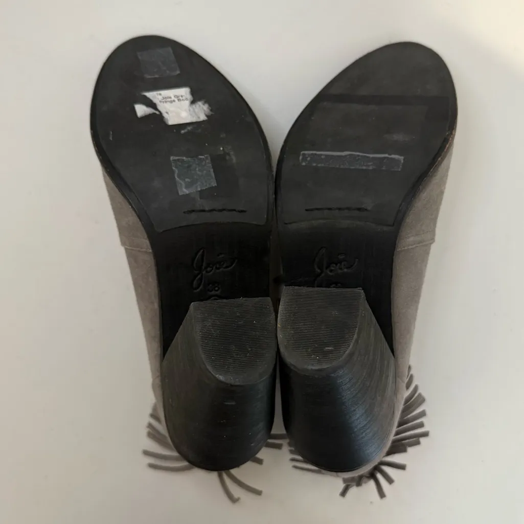 JOIE Loren Fringe Gray Suede Chunky Heel Booties Size 38 Western Boho - Image 6