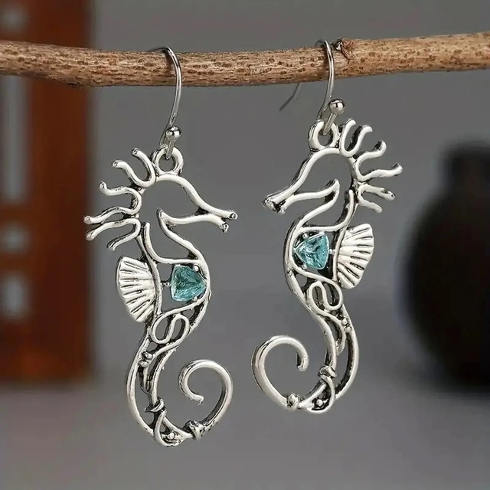 Gothic Victorian Lolita Mermaidcore Blue Crystal Sea Horse Earrings Silver - Image 5