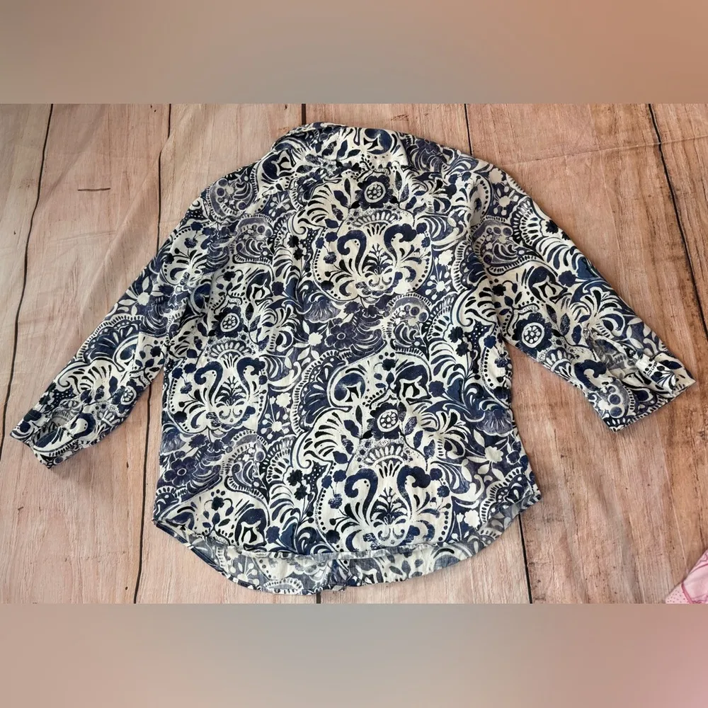 Lauren Ralph Lauren WomansButton Up Blouse Size Large Paisley White Blue Cotton - Image 8