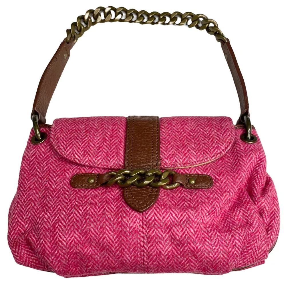 J Crew ᪥ Tweed Antique Gold Chain Handle Mini Handbag Bag ᪥ Red Wool ᪥ Leather ᪥ - Image 15