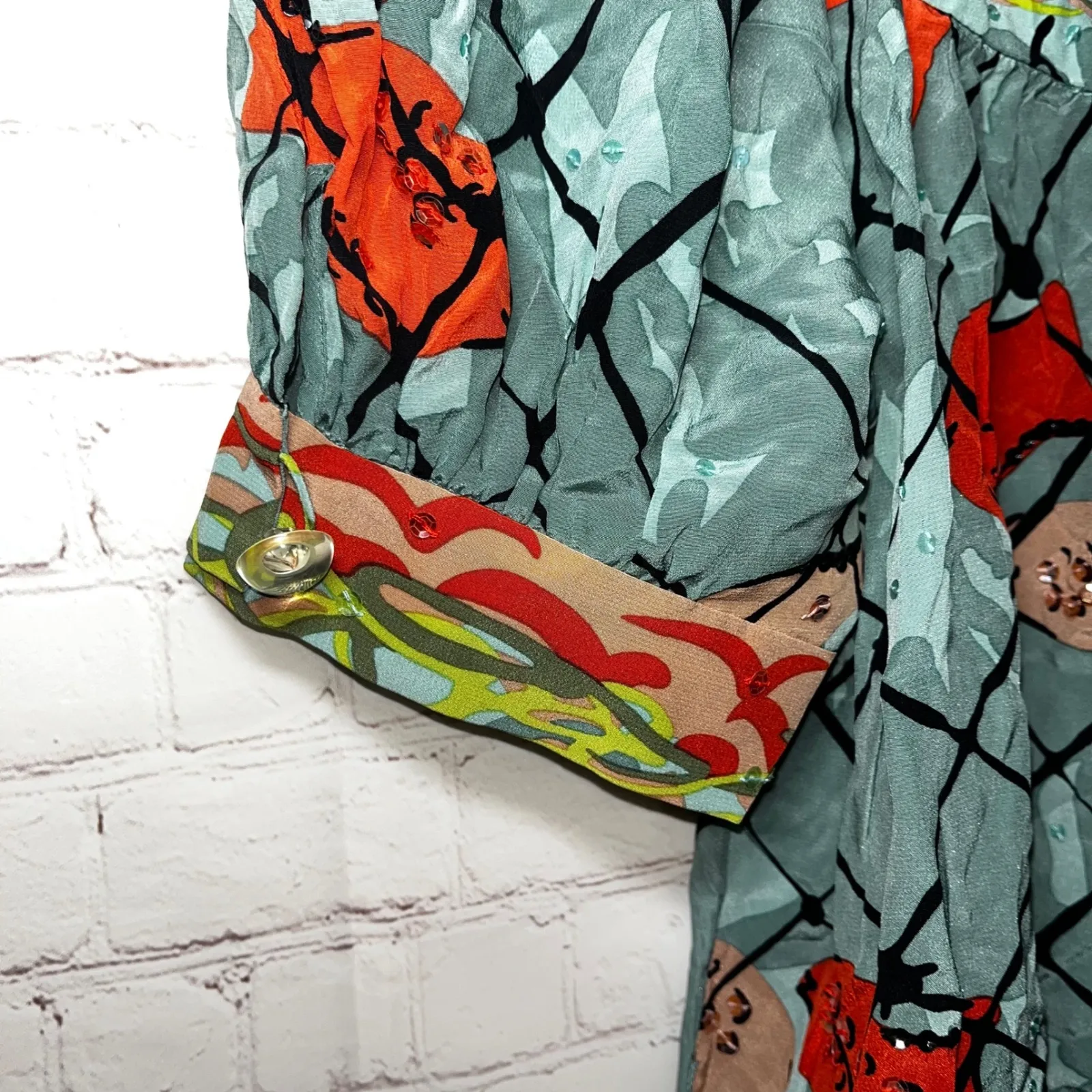 Nanette Lepore Women's Blue Fish Print Silk Puff Sleeve Square Neck Mini Dress 2 - Image 4