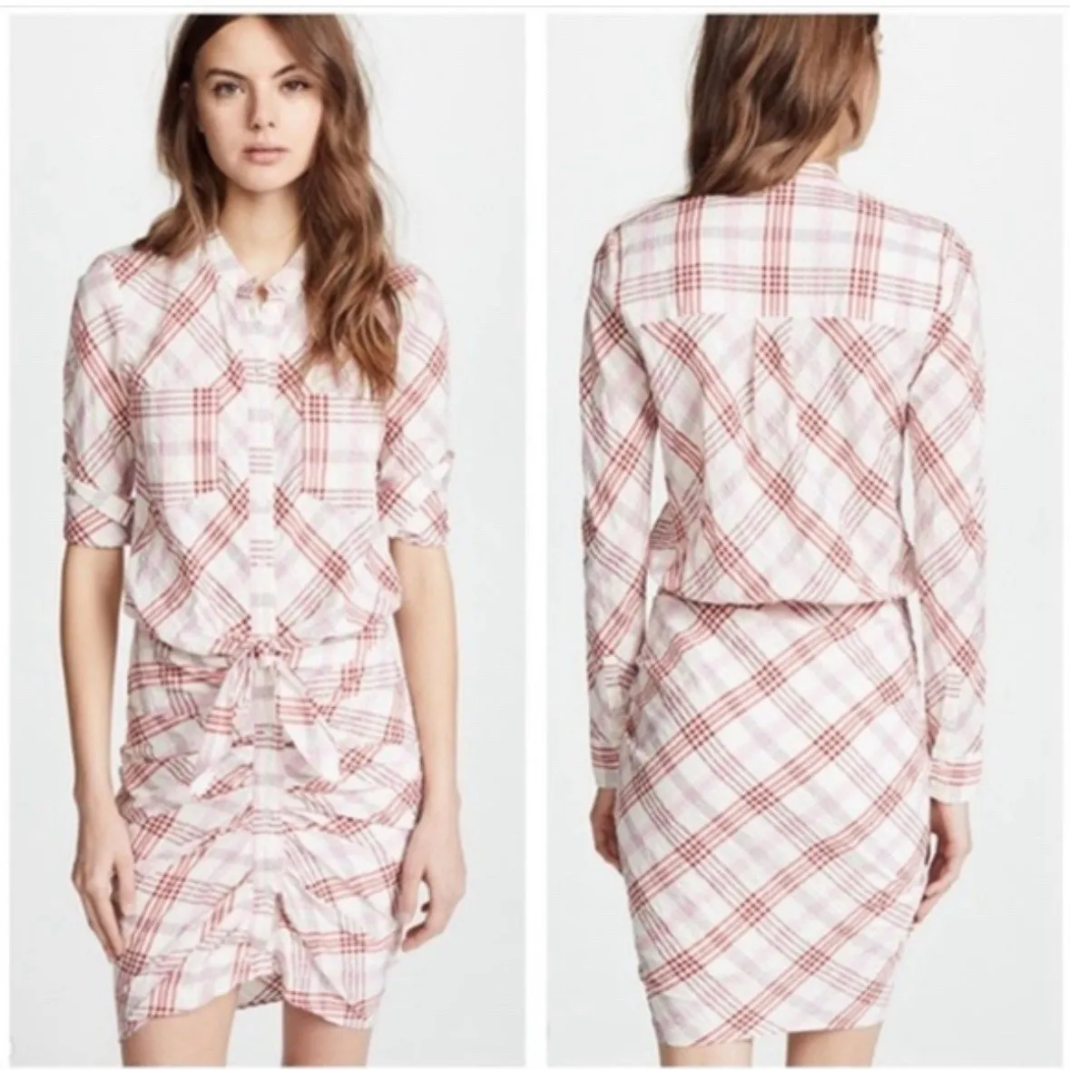 Veronica Beard Della Plaid Ruched Dress White Pink Tie Front Shirt Dress Size 4 - Image 2
