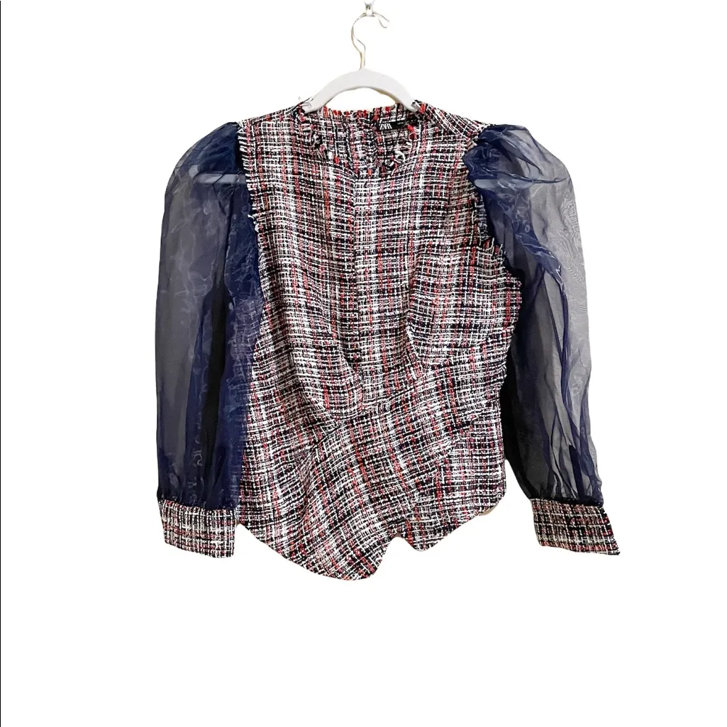 NWOT Zara ORGANZA AND TWEED Plaid TOP Blouse - Image 11