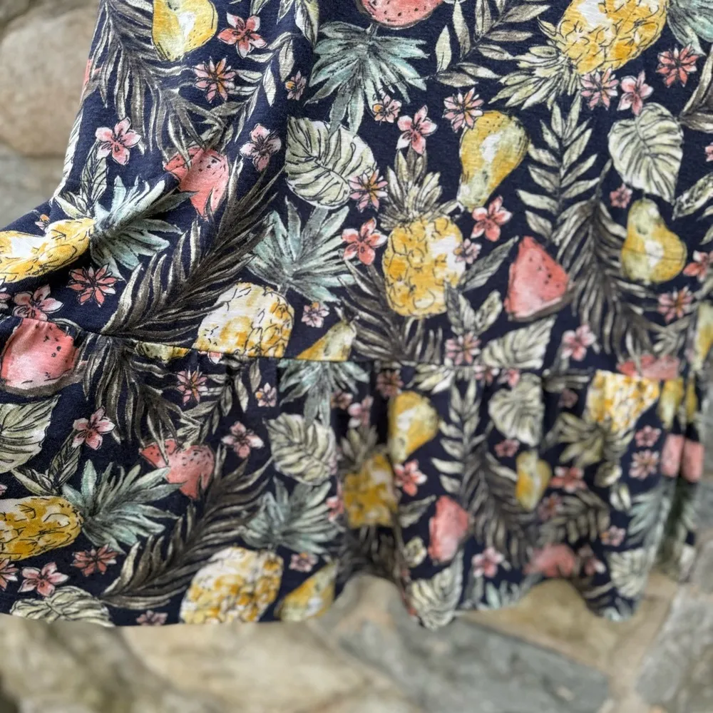 J Jill Fruit Print Flounce Hem Double V Neck Knit Summer Dress - Image 6