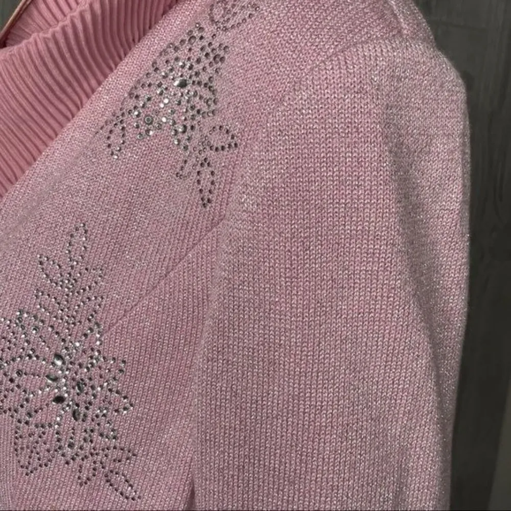 donna vinci knits gem pink sweater cardigan long sleeve ruffle collar gem closur Silver - Image 9