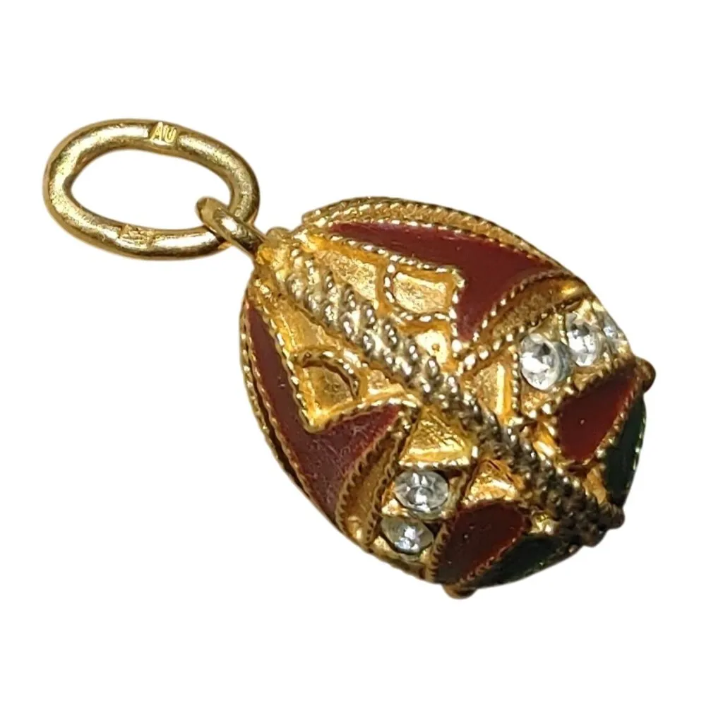 AU Russian Egg Charm Pendant Vintage Gold Tone Rhinestones Accents Enamel Red - Image 12