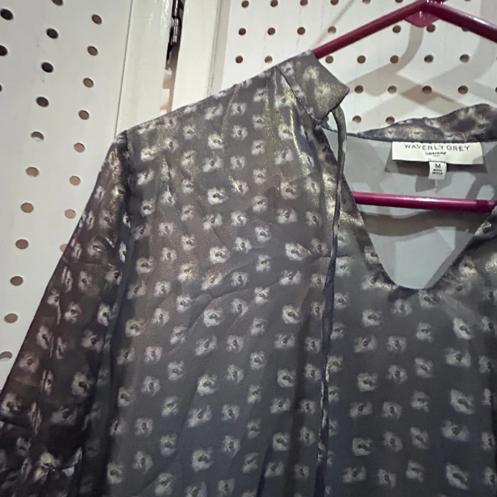 Waverly Grey Sheer Floral Print Tie Neck Blouse Women's Size Medium Gray - Image 6