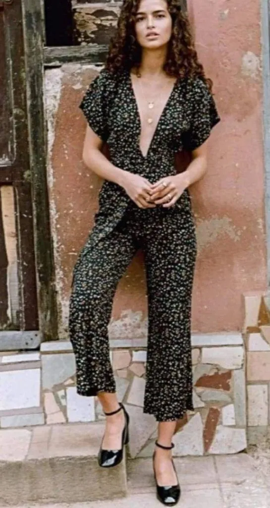 Faithfull the Brand Alena La Contrie Black Floral Deep V Short Sleeve Jumpsuit 8 - Image 5