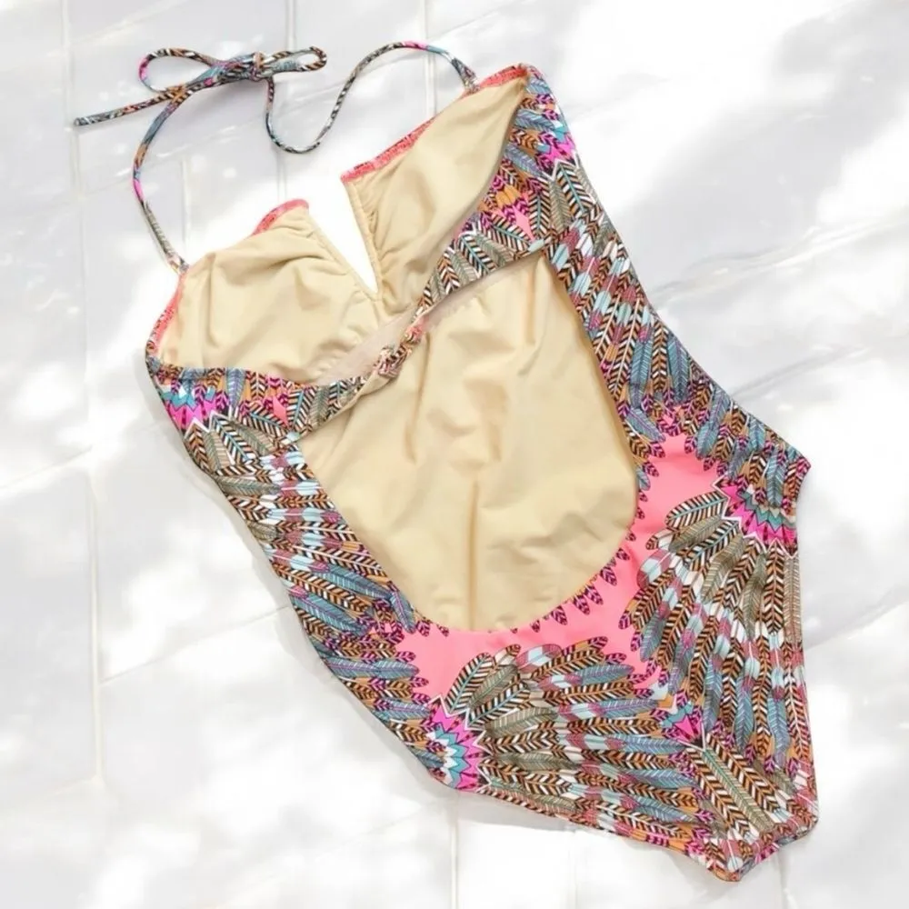 Mara Hoffman Swim One Piece Swimsuit Size Small Pink Feather Print Cutout Back - Image 2