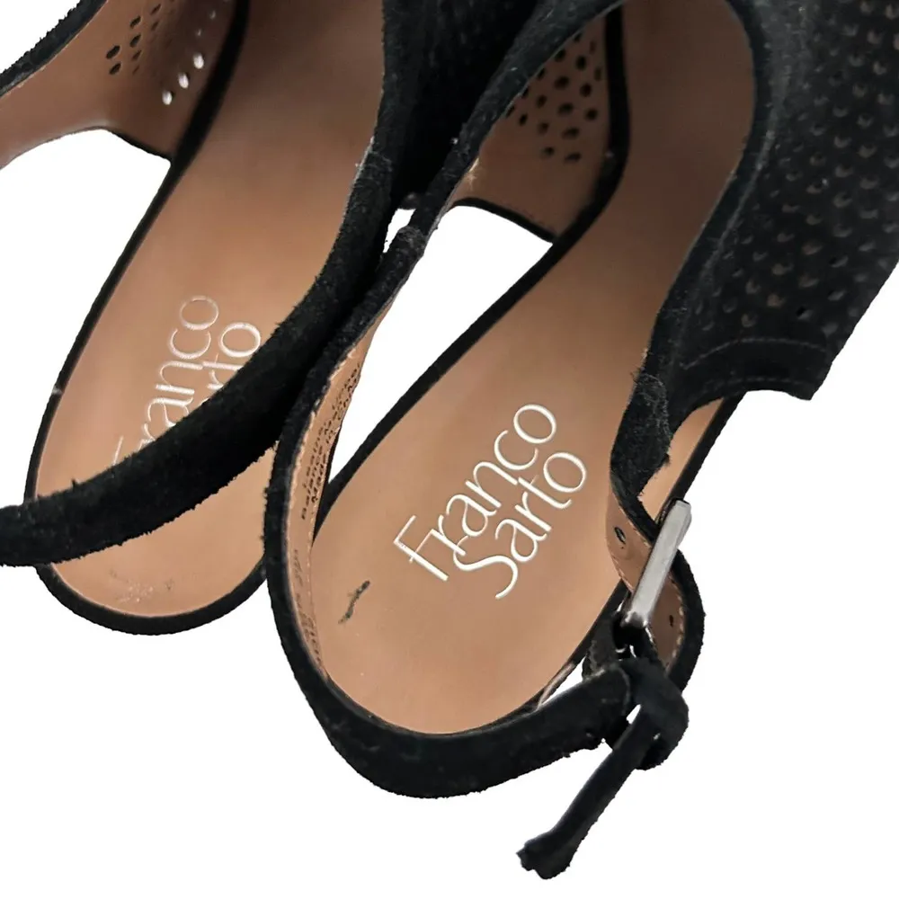 Franco Sarto Black Suede Perforated Peep Toe Slingback Heels Sz 10 - Image 6