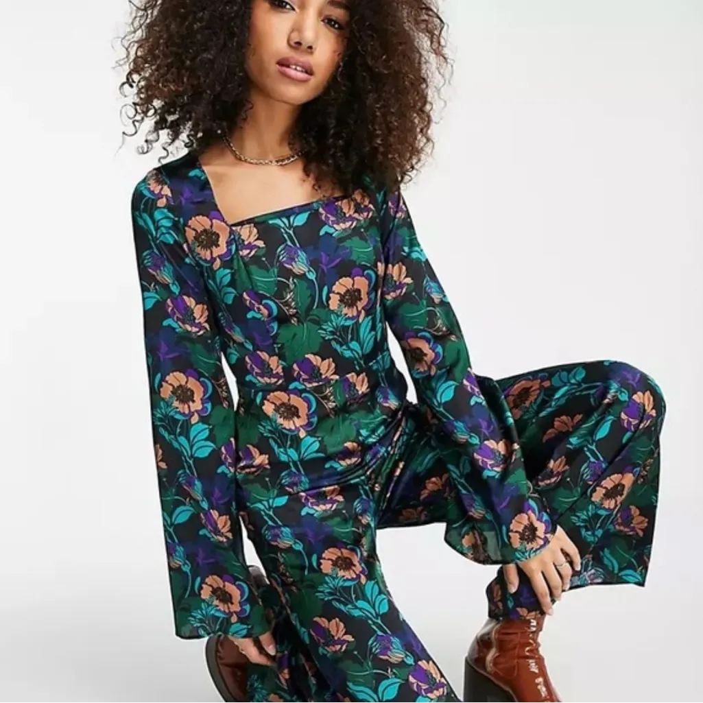 TOPSHOP 70s Floral Print Wide Leg Jumpsuit In Multicolor size 14 - Image 5