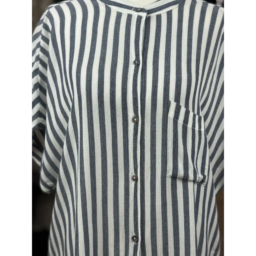NEW Lulus Womens M Blue White Vertical Stripe Button-Up Tie Front Tunic Top Chic - Image 3