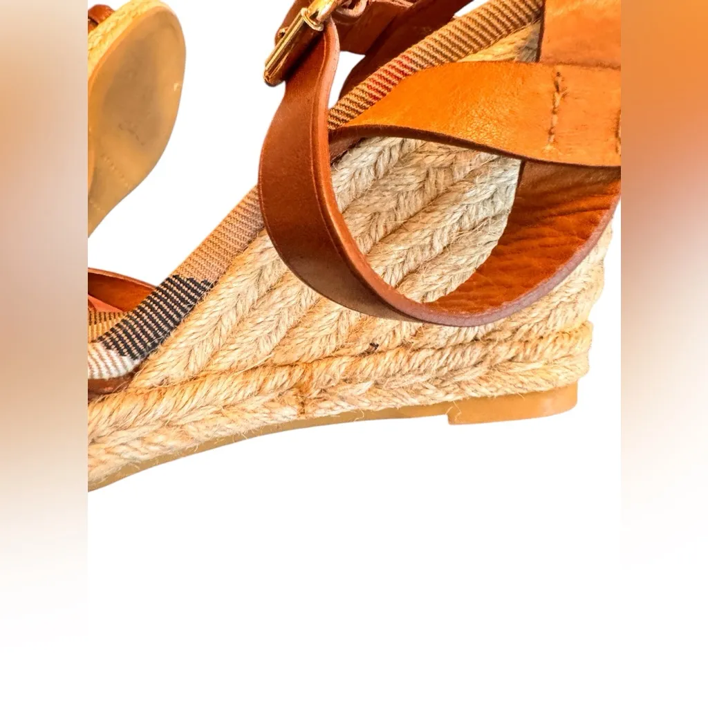 Burberry Tan Leather Check Canvas Espadrille Wedge Sandals Italy Size 35 in GUC - Image 10