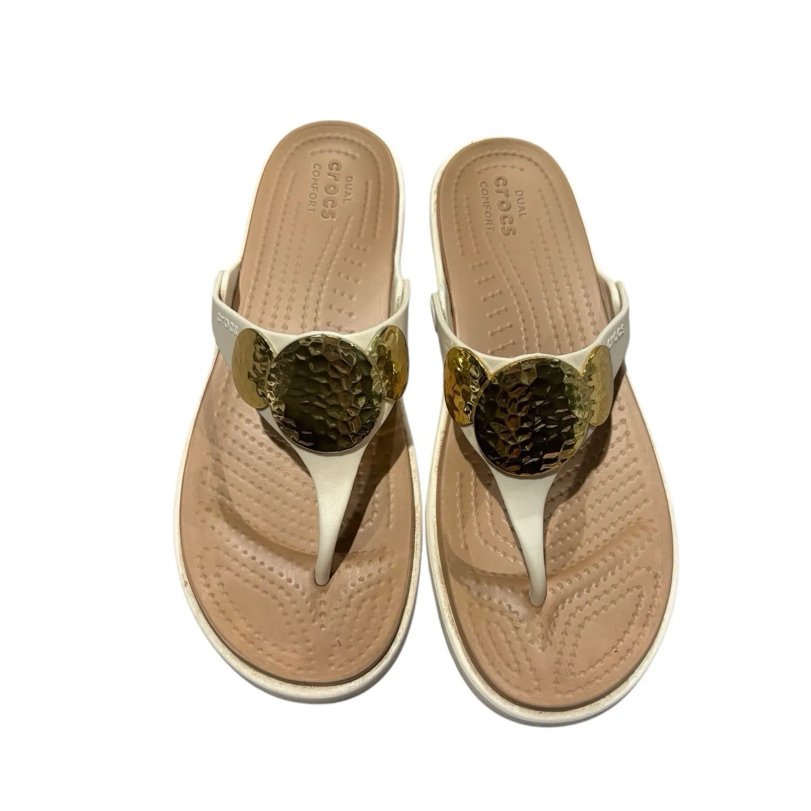 Crocs Sanrah Ivory Gold Embellish Wedge Flip Flops Sandal Slip On Thong size 9 - Image 6