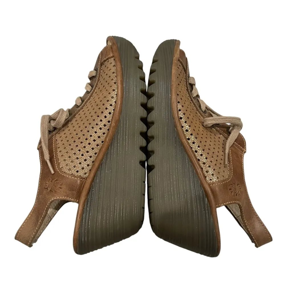 Fly London Yuta Perforated Leather Lace-up Wedge Sandal Tan Metallic Sz EU 38 - Image 9