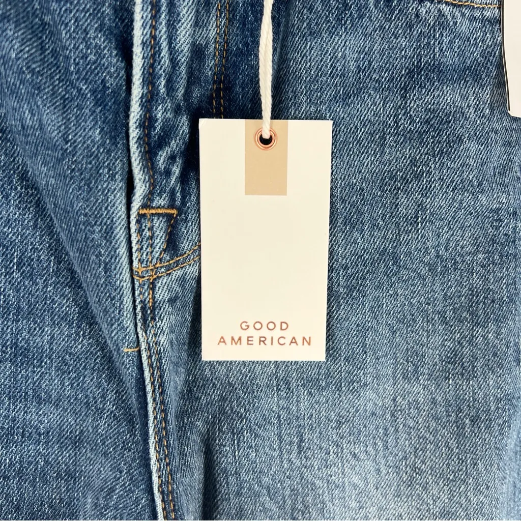 Good American Good Boy Side Fray High Rise Medium Wash Blue Straight Leg Jeans 0 - Image 8