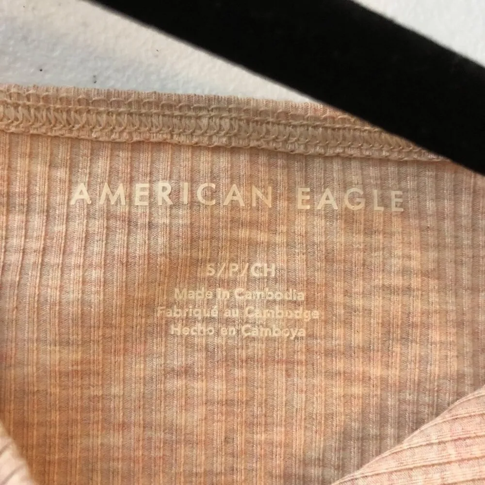 American Eagle Womens Ribbed Square Neck Tank Top Lace Trim Beige Pink Size S - Image 3