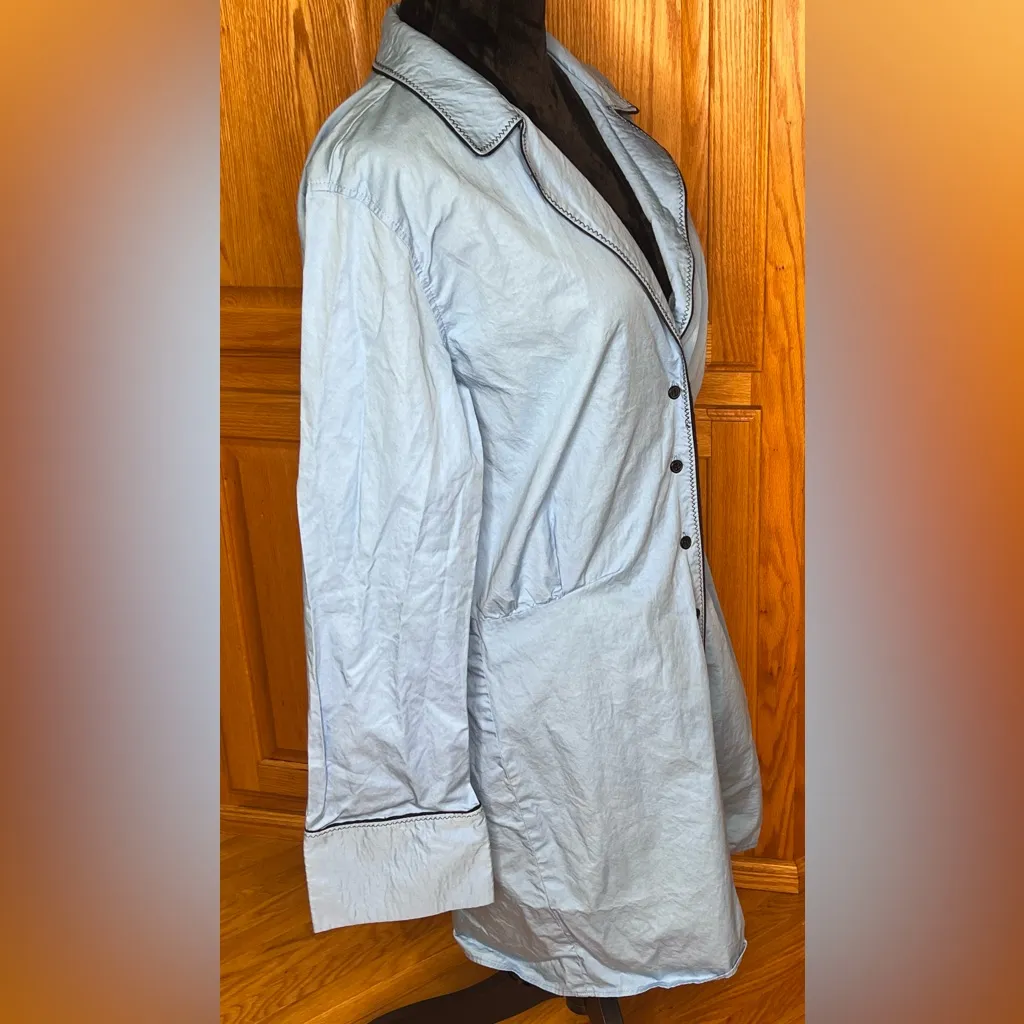 ZARA Short Trench Coat Deep V-Neck Cotton Button-Up Shirt Dress Blue‎ Size Large - Image 11