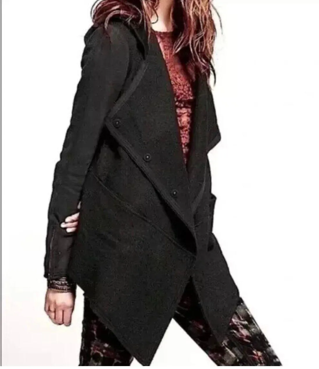 Wool Blend Hood Asymetric Black Jacket Sz L - Image 20