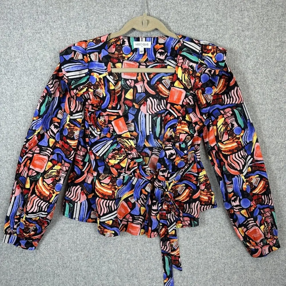 Vestique Women Small Blouse Top Wrap Tie Colorful V-Neck Ruffle Neck Geometric - Image 4