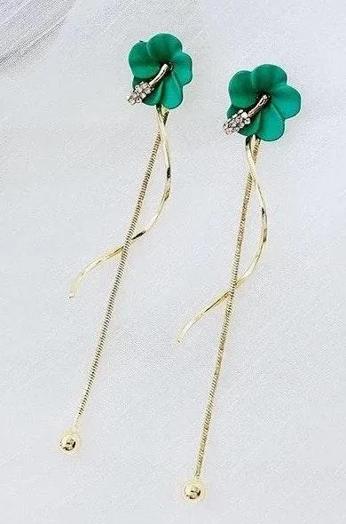 Green Crystal Flower Tassels Drop Stud Earrings - Image 3