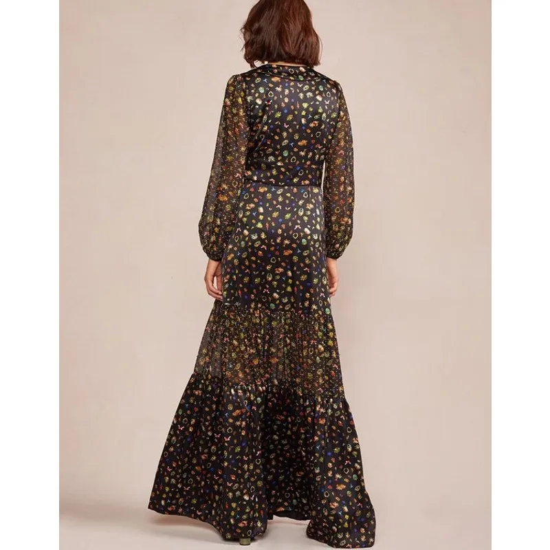 Cynthia Rowley Caroline Tiered Maxi Dress ditsy floral silk black size 8 medium - Image 4